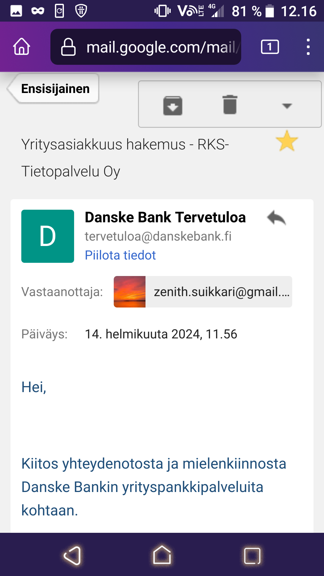Danske Bank, yritysasiakkuuden avaamisen estäminen, screenshot 1/4