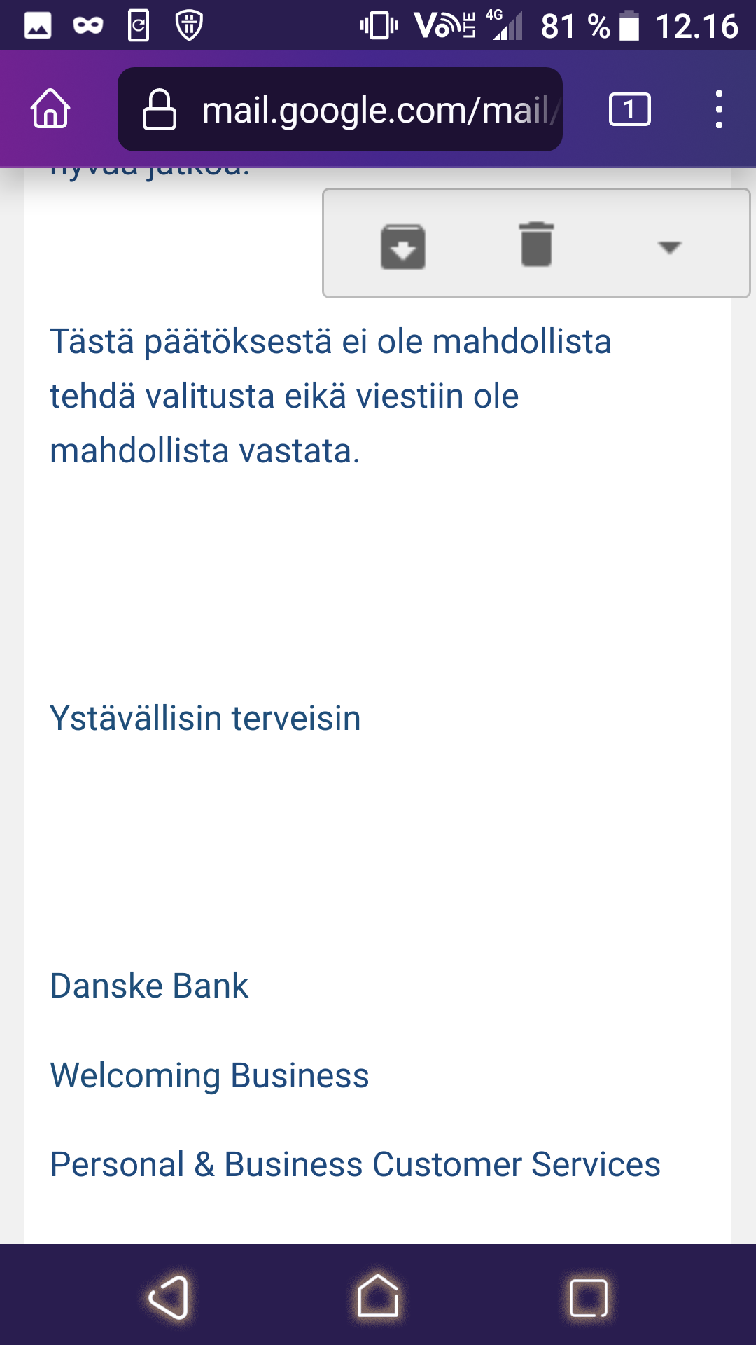 Danske Bank, yritysasiakkuuden avaamisen estäminen, screenshot 3/4